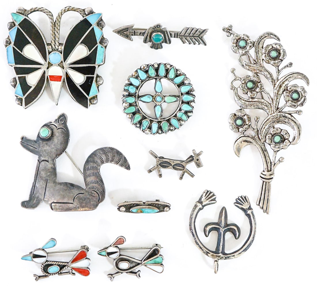 Ten (10) Pins / Pendants [Turquoise / Coral] 52g: Southwest-style. Several marked sterling. Lot measures 4 in. H x 4 in. W x 1.5 in. D for shipping purposes only. The absence of a condition report does not imply that the lot is in perfect condition o
