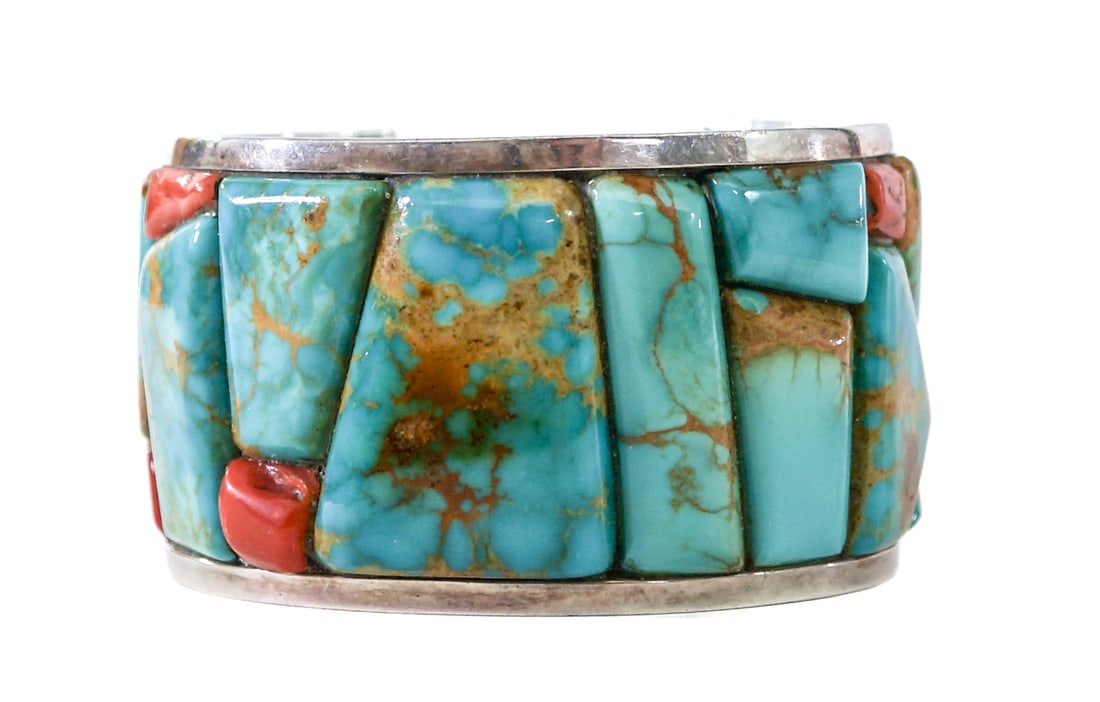 D/T Emery Silver and Stone Inlay Bracelet: Terrance and Dorothy Emery Ojibway / Jemez silver with stone inlay bracelet. Stamped inside. Outside measures 6.625 in. wide x 1.625 high. Inside circumference measures 5.125 in. total 6.375 in. Weigh