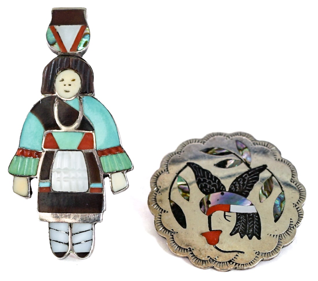 Native American Sterling Ring and Brooch: Includes: Derrick and Michelle Edaakie inlay 'Hummingbird' 1.25 in. diameter brooch signed; and Madeline Beyuka - Zuni 'Maiden' 5 1/2 size ring measures 2 x 1 in. Lot weighs 16 grams. Lot measures 2 i