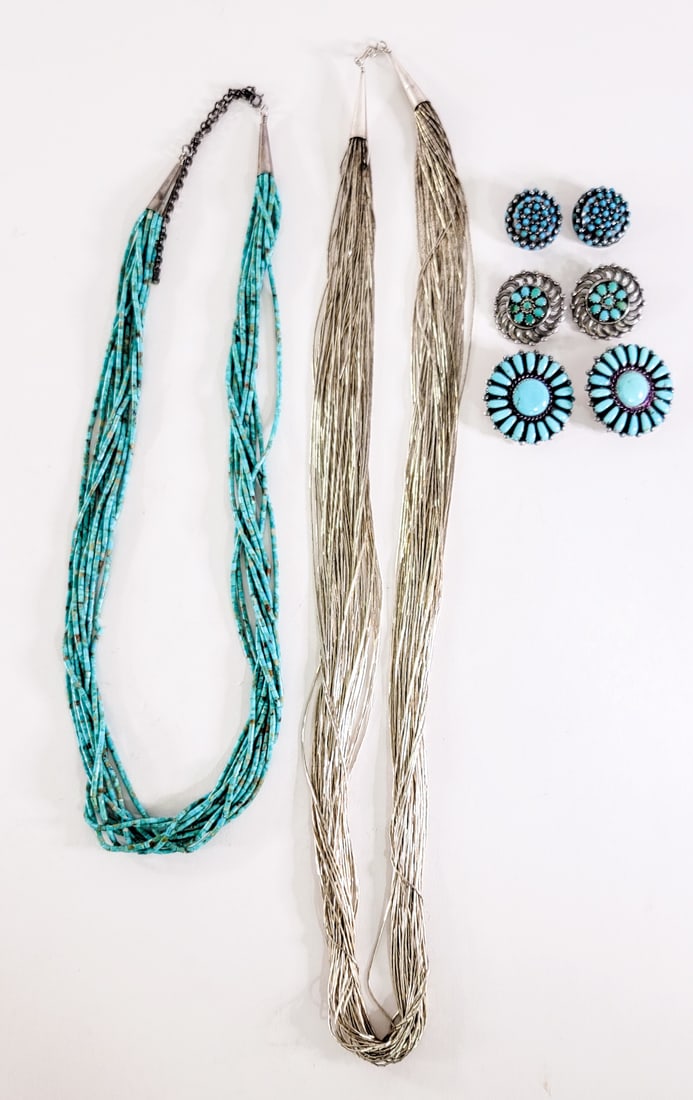 Turquoise/Silver (3) Earrings (2) Necklaces: Turquoise necklace measures12 in. with sterling fittings; Liquid silver multi-strand necklace measures 15 in. with sterling fittings weighs 74 grams; (2 Pair) clip on turquoise earrings measure .75 to