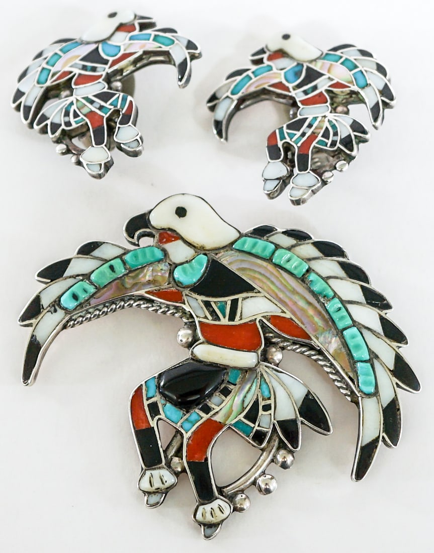 Zuni Eagle Dancer Brooch / Pair Earrings UNSIGNED (1 of 2)