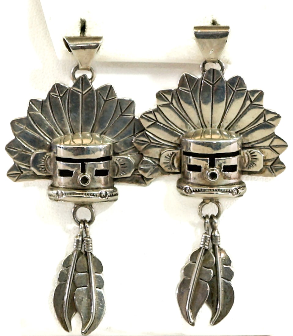 Gary G. Sanchez Sterling Pair 'Maiden' Earrings: Gary G. Sanchez (Navajo / Zuni) pair 'Shadow Box Maiden' of sterling pierced earrings each measure 2.5 x 1.25 in. Weigh 16 grams total. Lot measures 1.5 in. H x 2.5 in. W x 2.5 in. D for shipping purp