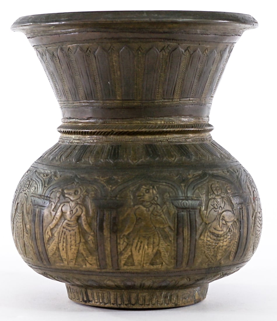 Antique 6IN Vase [India]: Measures 6 in. tall x 5.125 in. diameter. Rim measures 5.125 in. Lot measures 6 in. H x 5.125 in. W x 5.125 in. D for shipping purposes only. The absence of a condition report does not imply that the