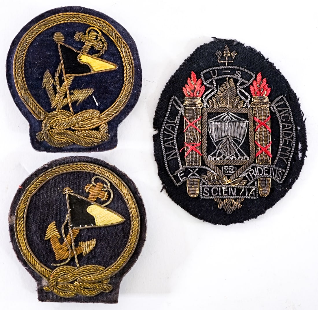 (3) Gold Bullion Naval Crests / Patches: Three (3) crests/patches measure 3 to 4 in. Lot measures 1.5 in. H x 5 in. W x 7 in. D for shipping purposes only. The absence of a condition report does not imply that the lot is in perfect condition