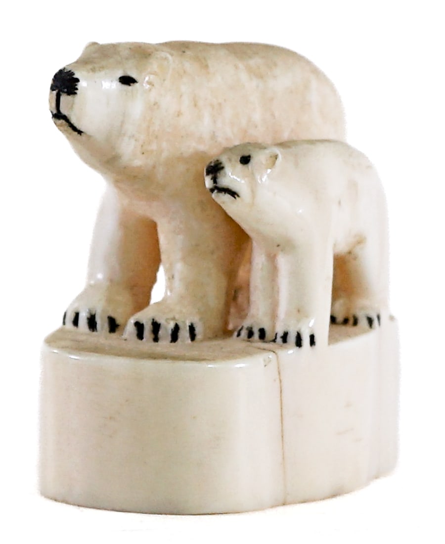 Carved Alaskan Figure - Circa 1930 {Bears]: Measures 2.25 in. high x 2.75 x 1.5 in. Lot measures 2.25. H x 2.75. W x 1.5 in. D for shipping purposes only. The absence of a condition report does not imply that the lot is in perfect condition or