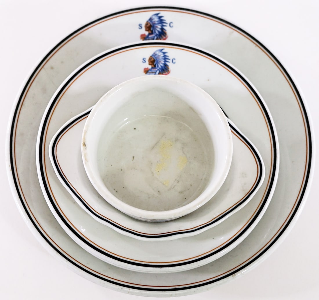 Shenango (5) Spokane Club Chief Logo China Pieces: Includes: 3.625 in. small bowl (chip to top edge); 4 x 5.5 in. small plate; (2) 6.25 in. plates; 8.25 in. plate. Lot measures 4 in. H x 9 in. W x 9 in. D for shipping purposes only. The absence of a