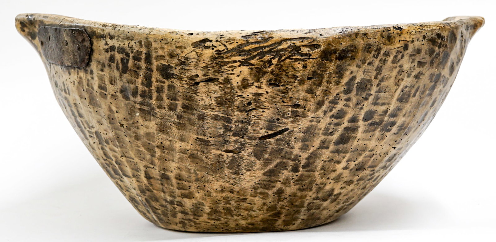 Primitive Wood Bowl with Old Repairs: Measures 9 x 19.5 x 17.5 inches. Our in-house shipping department will gladly pack and ship any item that fits into a 14x14x14 inch or 30x5x24 inch or equivalent or smaller box/folio if it is not