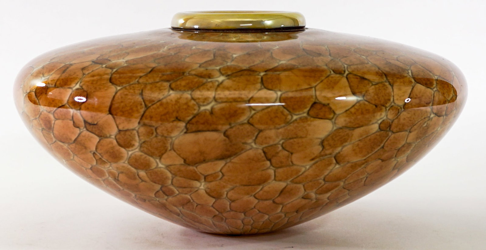 Cohn SIGNED Large Art Glass Vase 2002: Michael Cohn and Molly Stone large art vase signed 'Cohn 2002' underside. Measures 7 in. tall x 14 in. diameter. Rim measures 4.25 in. across. No evident cracks, chips or repairs. Lot measures 7 in.