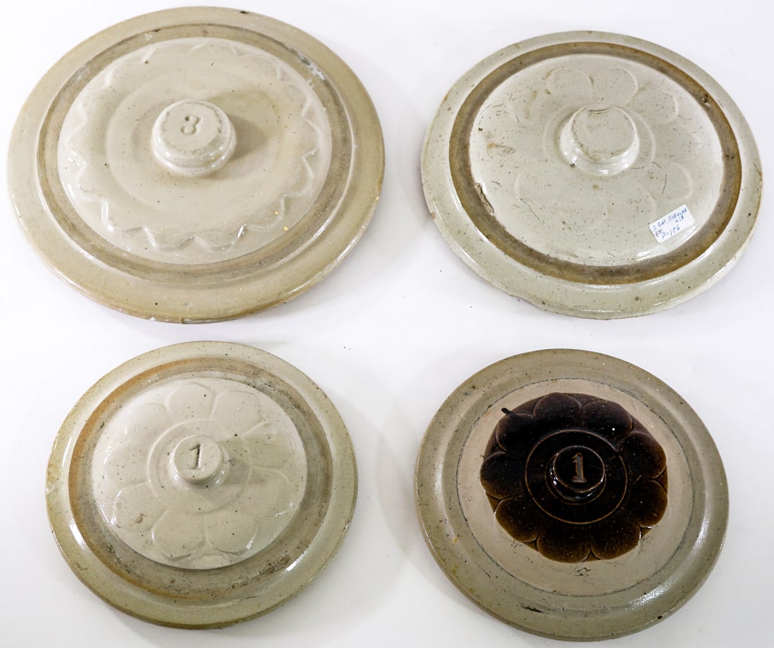 Pottery (4) Crock Lids ONLY: Include (2) 1 gallon; 2 gallon and 3 gallon. Lot measures 8 in. H x 10 in. W x 12 in. D for shipping purposes only. The absence of a condition report does not imply that the lot is in perfect