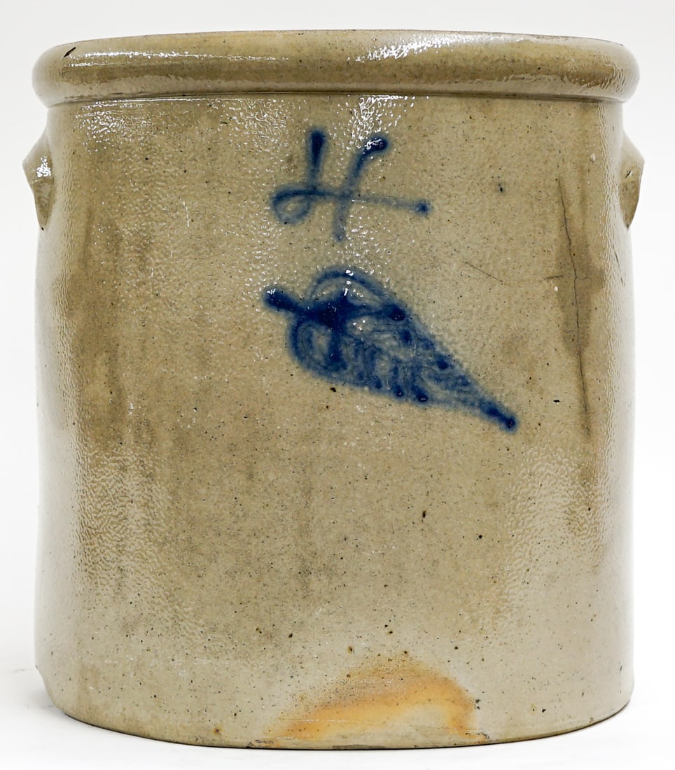 Minnesota or Midwest Salt Glaze 4 Gal Leaf: Measures 12 x 11.75 x 11.75 inches. As-is condition.. The absence of a condition report does not imply that the lot is in perfect condition or completely free from wear and tear, imperfections, or