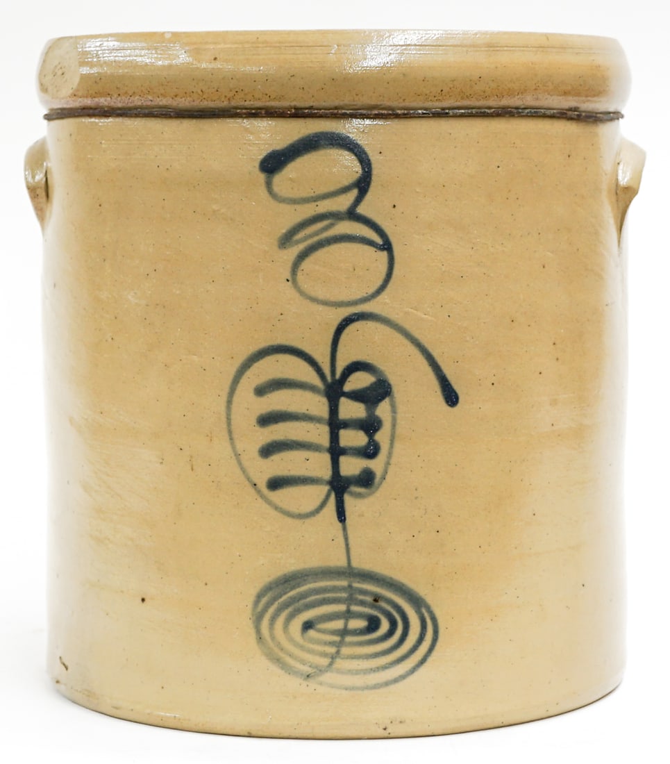 Antique 3 Gallon Crock: Measures 11 x 10.75 x 10.75 inches. As-is condition with outside and inside rim chips. The absence of a condition report does not imply that the lot is in perfect condition or completely free from wea