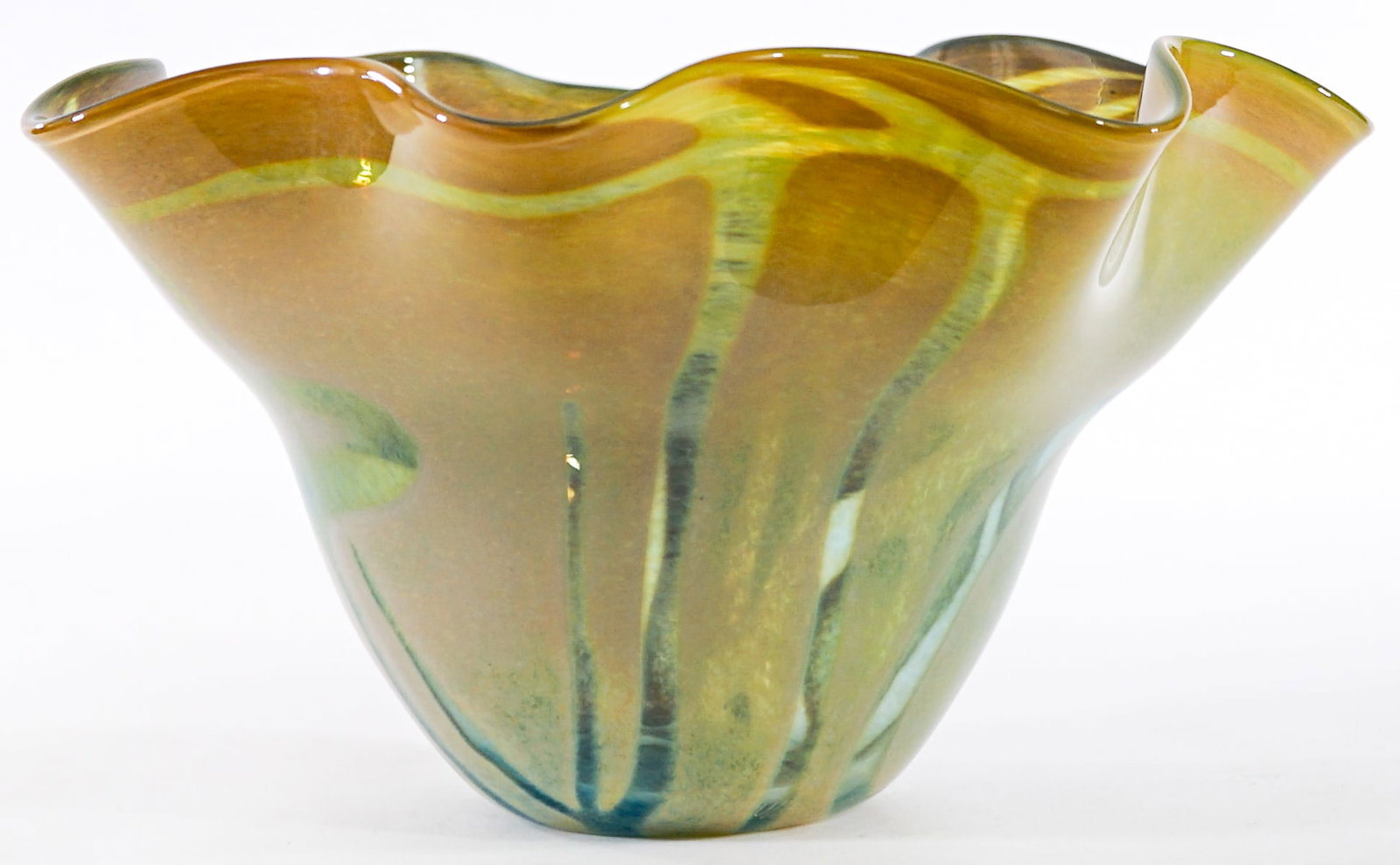 Artist Signed Art Glass 7.5IN Bowl 1999: Artist signed art glass measures 7.5 in. tall x 13 x 12 in. No evident cracks, chips or repairs. Lot measures 7.5 in. H x 13 in. W x 13 in. D for shipping purposes only. The absence of a condition