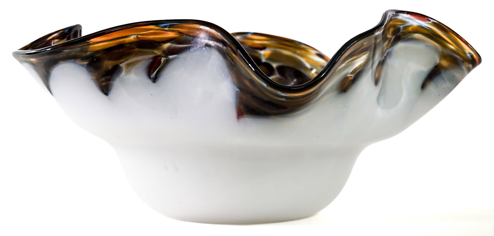 Art Glass Fluted Bowl 2008: Art Glass bowl is signed 'RL 2008' underside. Measures approximately 6.25 in. high x 15 in. x 15 in. No evident cracks, chips or repairs. Lot measures 7 in. H x 16 in. W x 16 in. D for shipping purpos