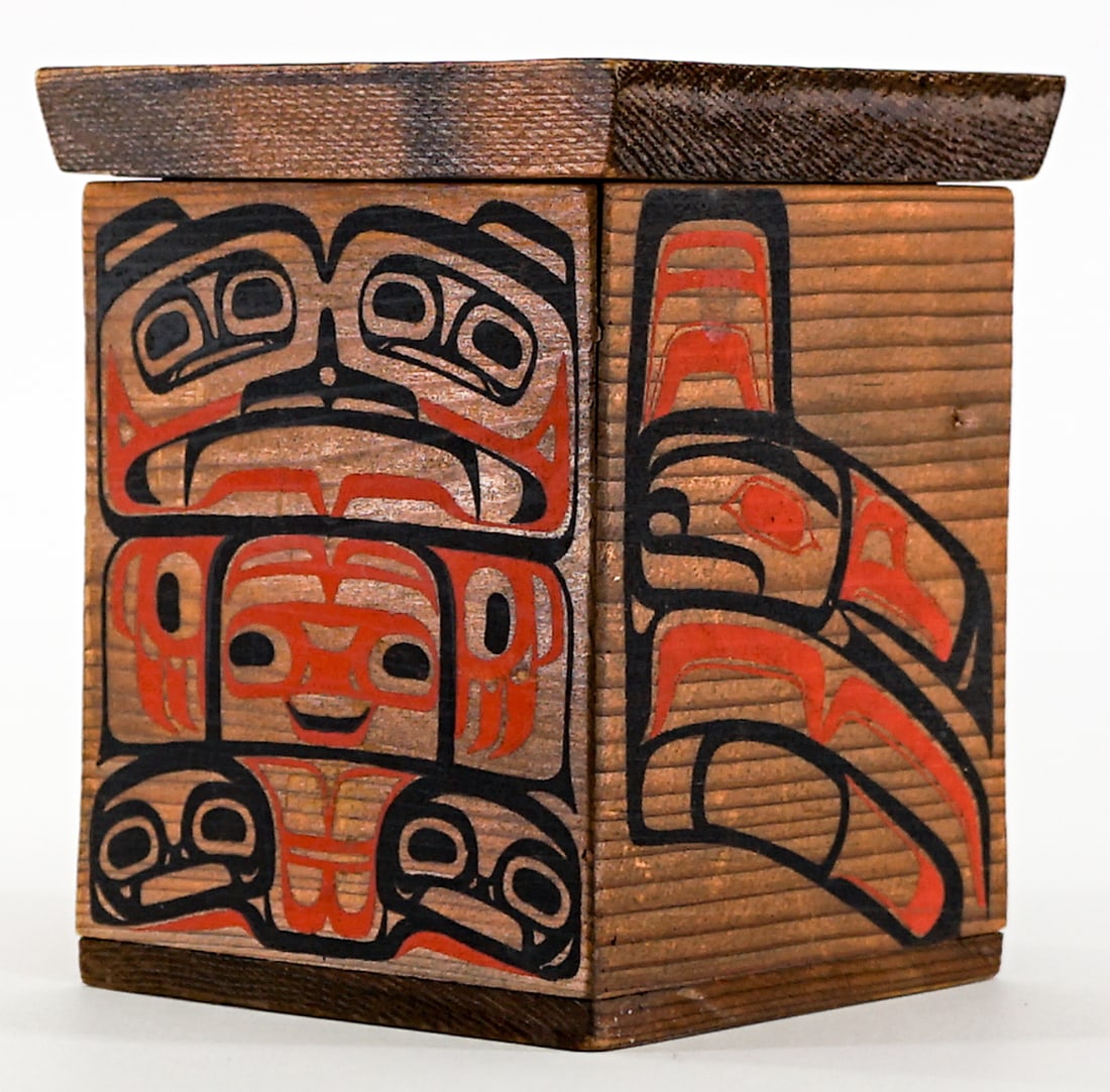 Louis V. Larsen Cedar Covered Box [PNW]: Pacific Northwest artist Louis V. Larsen cedar covered box measures 5.375 in. tall x 4.5 x 4.5 in. Lot measures 10 in. H x 13 in. W x 13 in. D for shipping purposes only. The absence of a condition