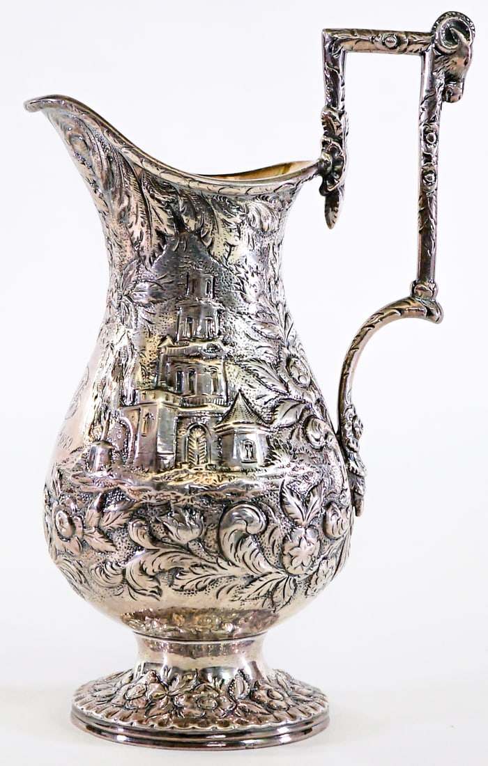 Kirk and Son 7IN Sterling Pitcher 336g: Kirk and Son sterling pitcher measures 7.125 in. tall x 4.5 in. x 3 in. Weighs 336 grams. Lot measures 7.125 in. H x 4.5 in. W x 3 in. D for shipping purposes only. The absence of a condition report