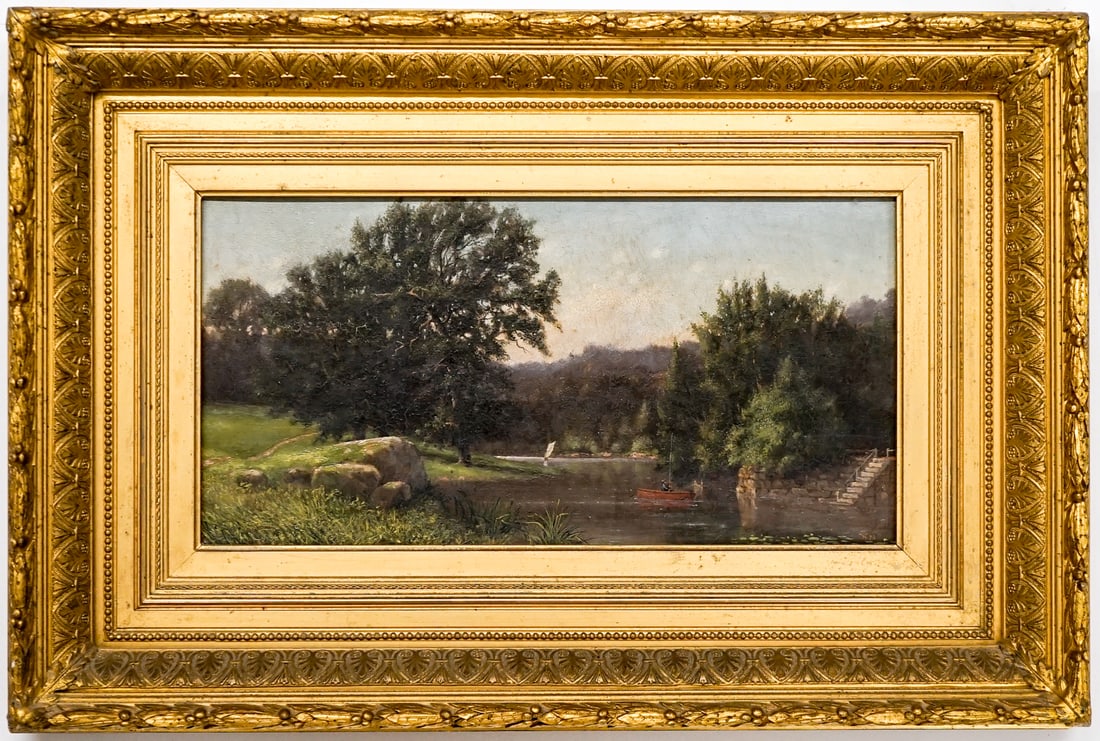 1873 Oil Painting Signed with Initials "TV": There is craquelure, perhaps a very tiny amount of inpainting. Measures 7.75 x 15 inches image size. Measures 15.125 x 22.5 inches framed. Lot measures 15.125 in. H x 22.5 in. W x 2.75 in. D for shipp
