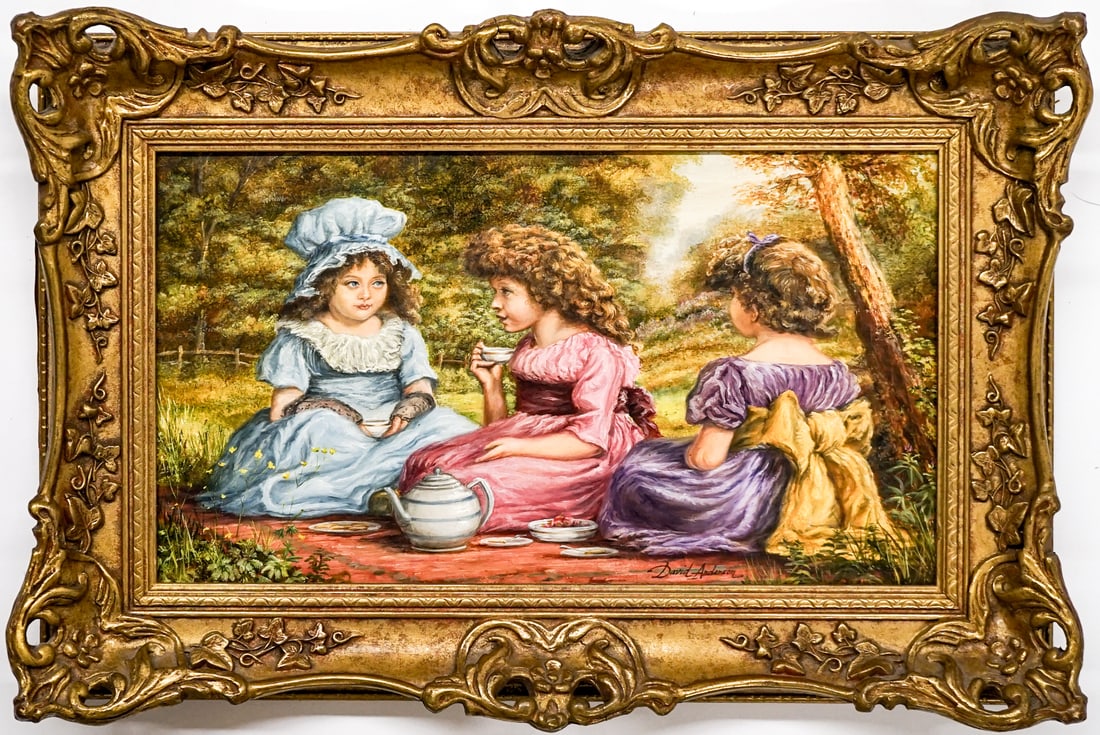 David Anderson Oil on Board [Tea Time]: Measures 8 x 14 inches image size. Measures 12 x 18 inches framed. Excellent condition. Lot measures 12 in. H x 18 in. W x 2 in. D for shipping purposes only. The absence of a condition report does no