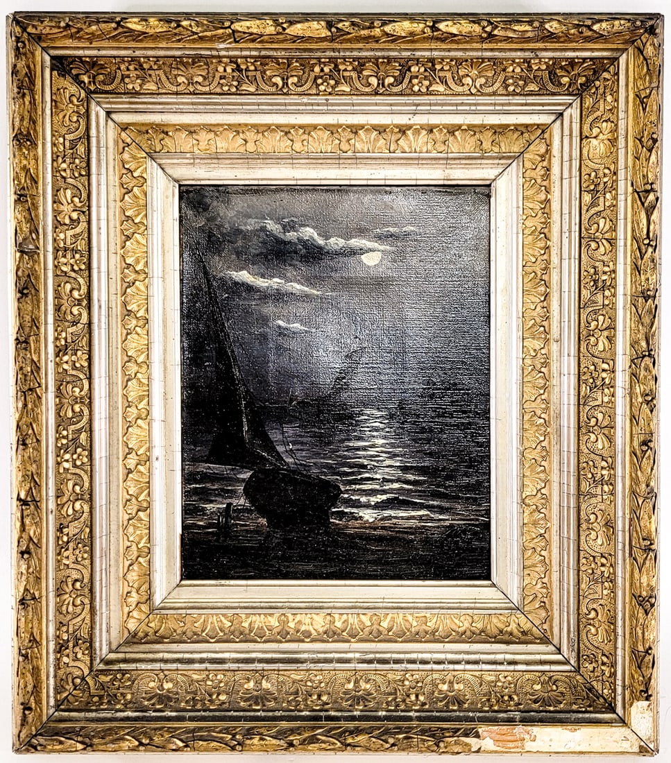 Antique Framed Oil Painting: There is a small amount of inpainting. Measures 9 x 7 inches image size. Measures 15.75 x 13.75 inches framed. Lot measures 15.75 in. H x 13.75 in. W x 3 in. D for shipping purposes only. The absence 