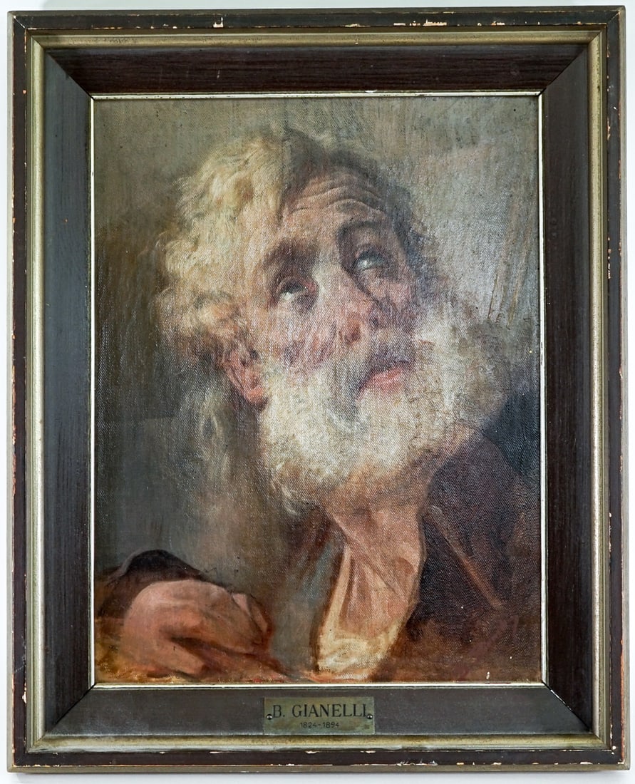 Bartolomeo Gianelli Antique Framed Oil Painting: Bartolomeo Gianelli Antique Framed Oil Painting (Capodistria 1824 - 1894). Measures 17.75 x 13.5 inches image size. Measures 21.5 x 17.25 inches framed. There is some scattered inpainting. Lot measure