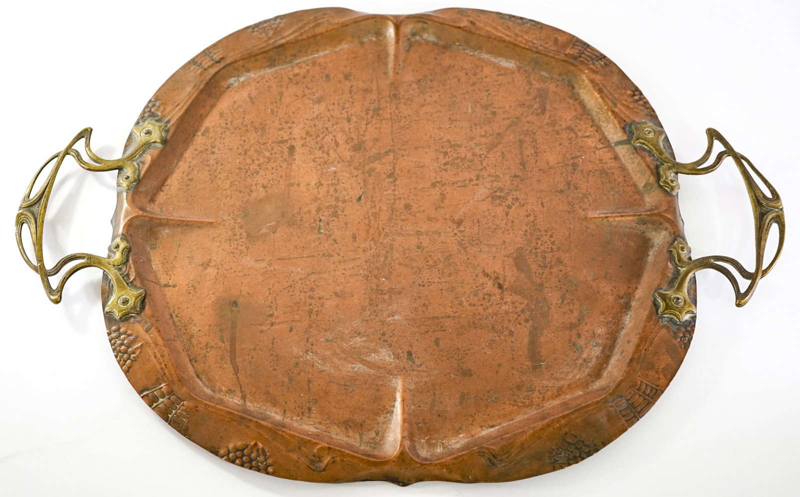 Large Art Nouveau Handled Tray: Measures 24.375 in. H x 18.5 in. W x 1 in. D. The absence of a condition report does not imply that the lot is in perfect condition or completely free from wear and tear, imperfections, or the