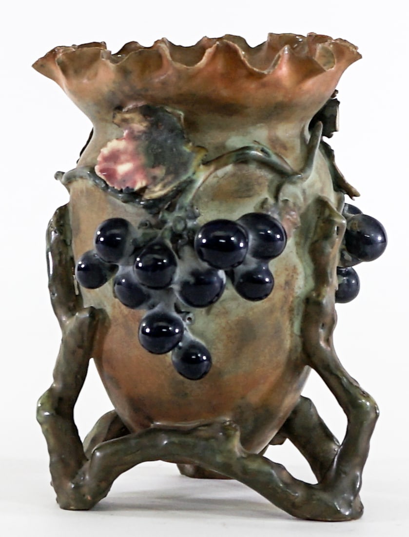 Art Nouveau Edda 5.75IN Vase {Bohemia]: Art Nouveau vase measures 5.75 in. tall x 5 x 5 in. Very small chips at top edge. Lot measures 5.75 in. H x 5 in. W x 5 in. D for shipping purposes only. The absence of a condition report does not