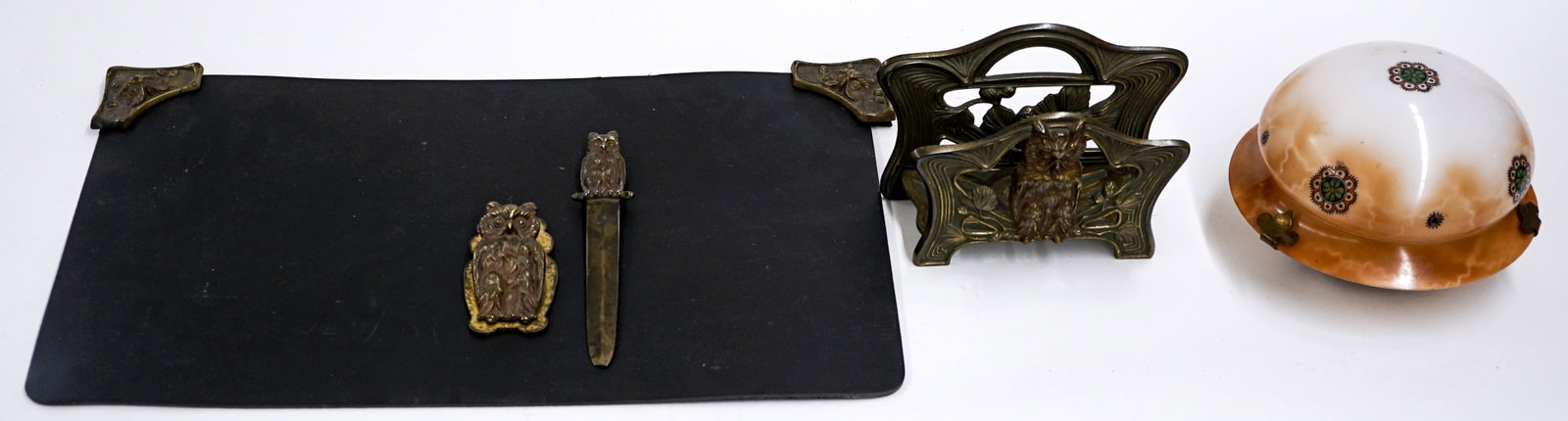 Art Nouveau Owl Desk Set [H. L. Judd]: Set includes letter holder; letter opener; paper clip and desk pad. Also included is a lamp shade that measures 7 in. diameter x 5 in. high with hardware. Inside rim of hardware measures 2.875 in.