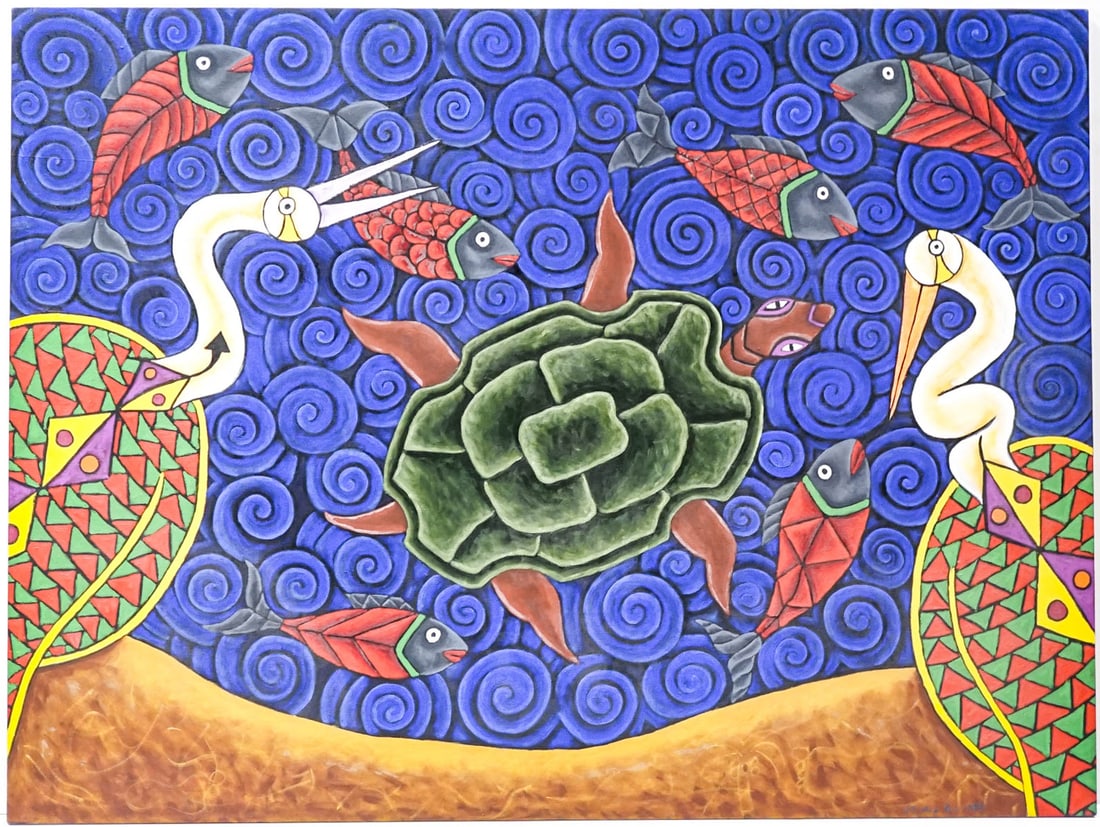 Enrique Flores Gonzalez (Mexico b. 1963) Lg Oil: Enrique Flores Gonzalez (Mexico b. 1963) large original oil on canvas. Signed verso. Measures 47 x 63 inches(119.5 cm x 160 cm). Can be rolled for shipping, 54-in x 4-in x 4-in. Unframed. Excellent