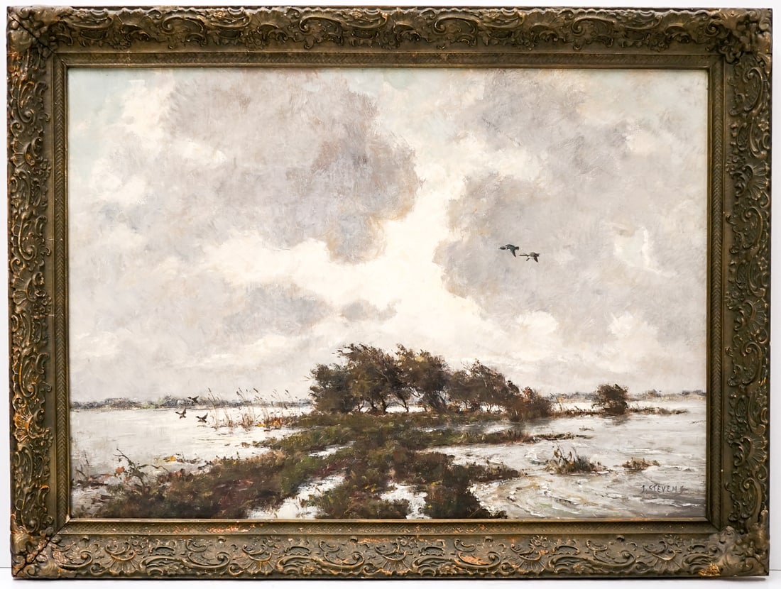 J. Stevens Original Oil/Board [Duck Hunting]: Measures 24 x 34 inches image size. Excellent condition. For shipping purposes measures 30 x 39 x 2 inches. The absence of a condition report does not imply that the lot is in perfect condition or com