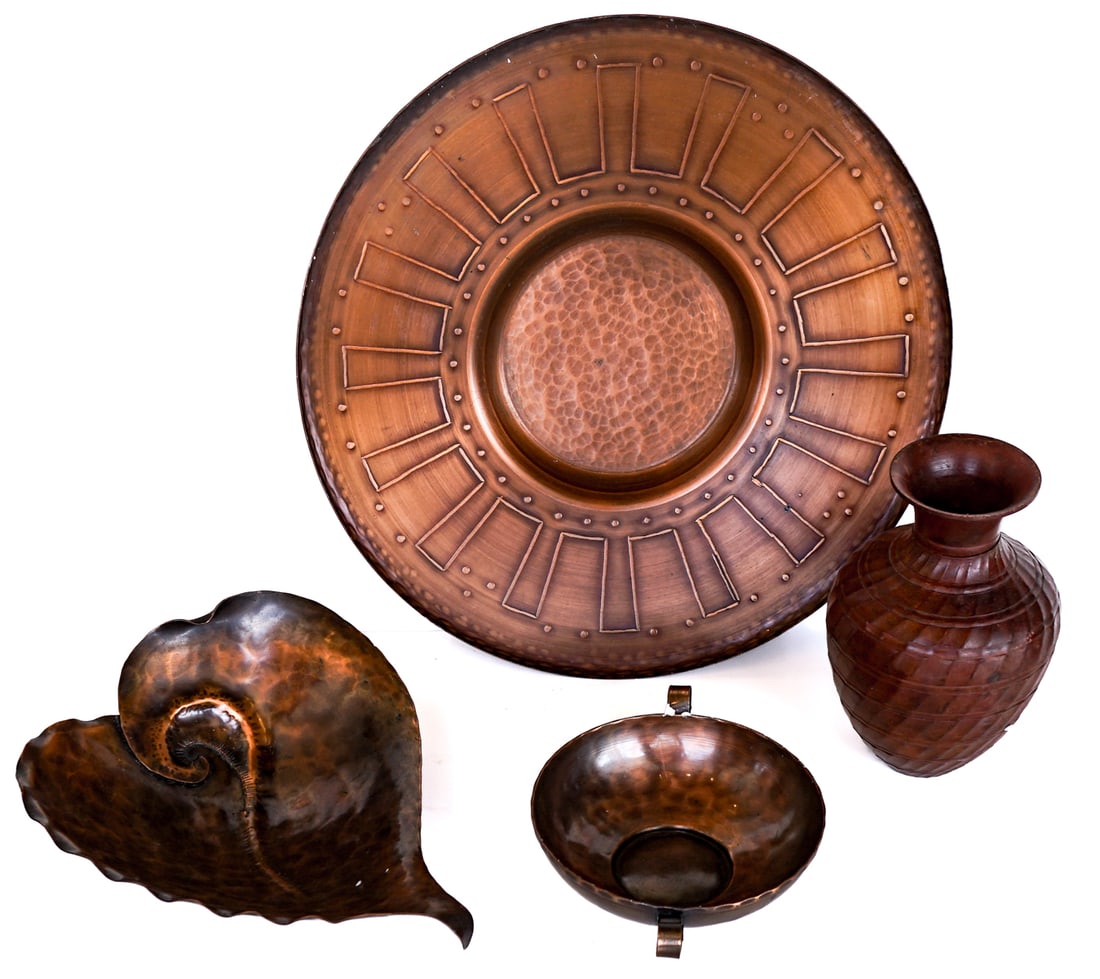 Four Pieces Hand Crafted Copper: They measure 2 x 7.5 inches to 14 inches diameter. For shipping purposes the lot measures 14 x 14 x 10 inches. Our in-house shipping department will gladly pack and ship any item that fits into a