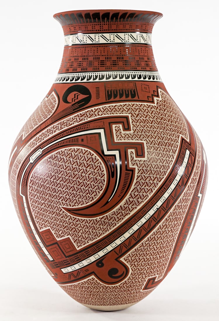 Artist SIGNED Polychrome Pottery Olla: Measures 13 in. tall x 7 in. diameter. Note chip at top rim. Lot measures 13 in. H x 7 in. W x 7 in. D for shipping purposes only. The absence of a condition report does not imply that the lot is in