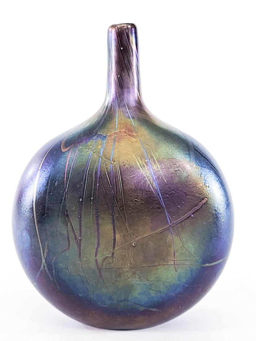Artist SIGNED Studio Pottery Iridescent 8.5IN: Measures 8.5 in. tall x 6 x 3 in. No evident cracks, chips or repairs. Lot measures 8.5 in. H x 6 in. W x 3 in. D for shipping purposes only. The absence of a condition report does not imply that the
