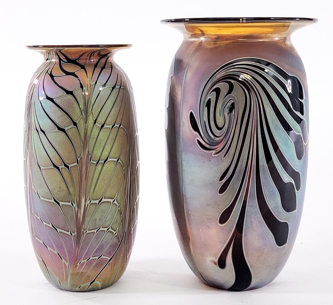 Zweifel SIGNED (2) Small Art Glass Vases: Two (2) art glass vases signed 'Zweifel' lower edges. Measure 5.75 in. tall x 2.75 in. diameter and 6.25 in. tall x 3.5 in. diameter. No evident cracks, chips or repairs. Lot measures 6.25 in. H x 3.5