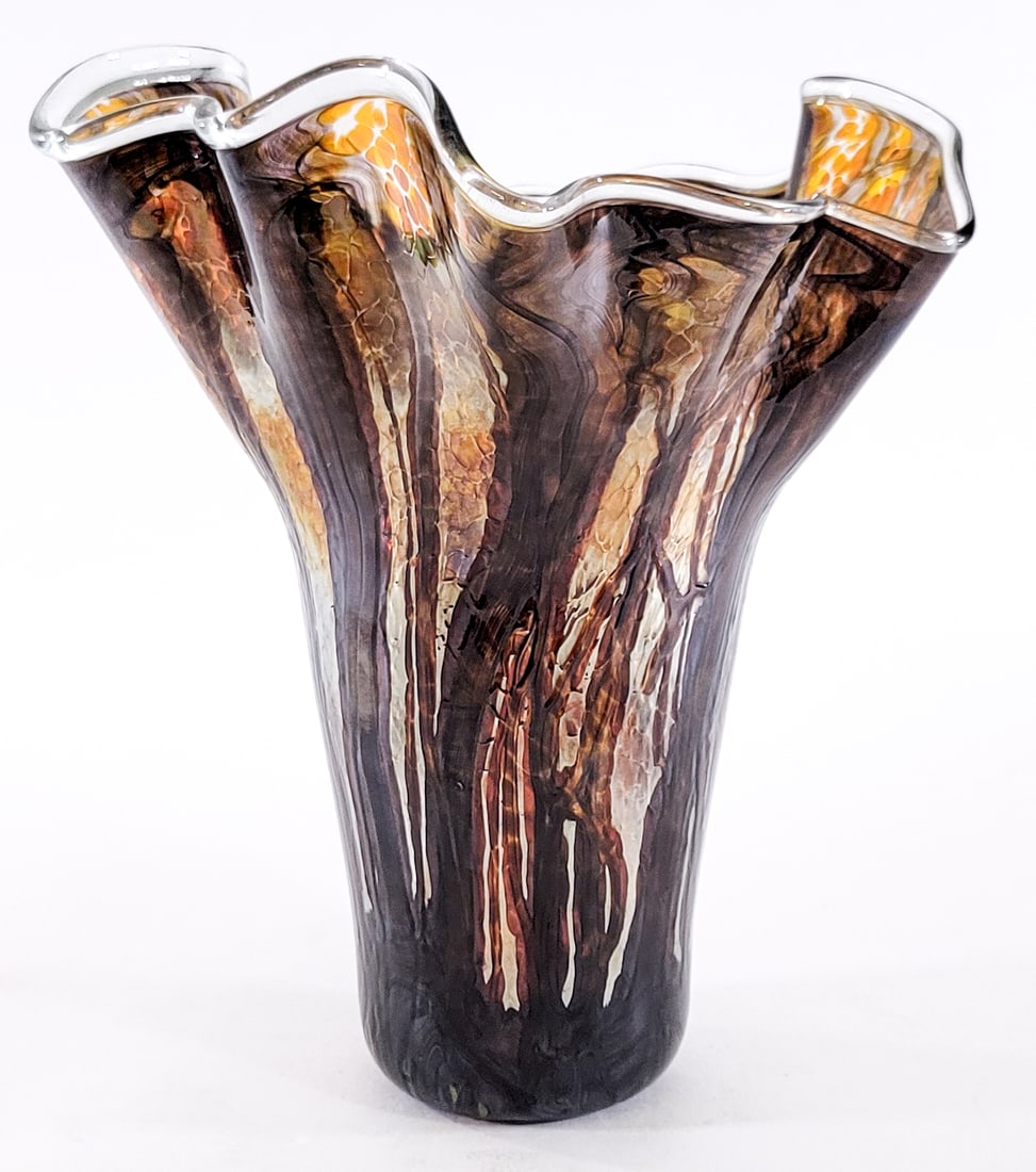 Artist SIGNED Art Glass 11IN Vase: Measures 11 in. tall x 9.5 x 9 in. No evident cracks, chips or repairs. Lot measures 11 in. H x 9.5 in. W x 9.5 in. D for shipping purposes only. The absence of a condition report does not imply that