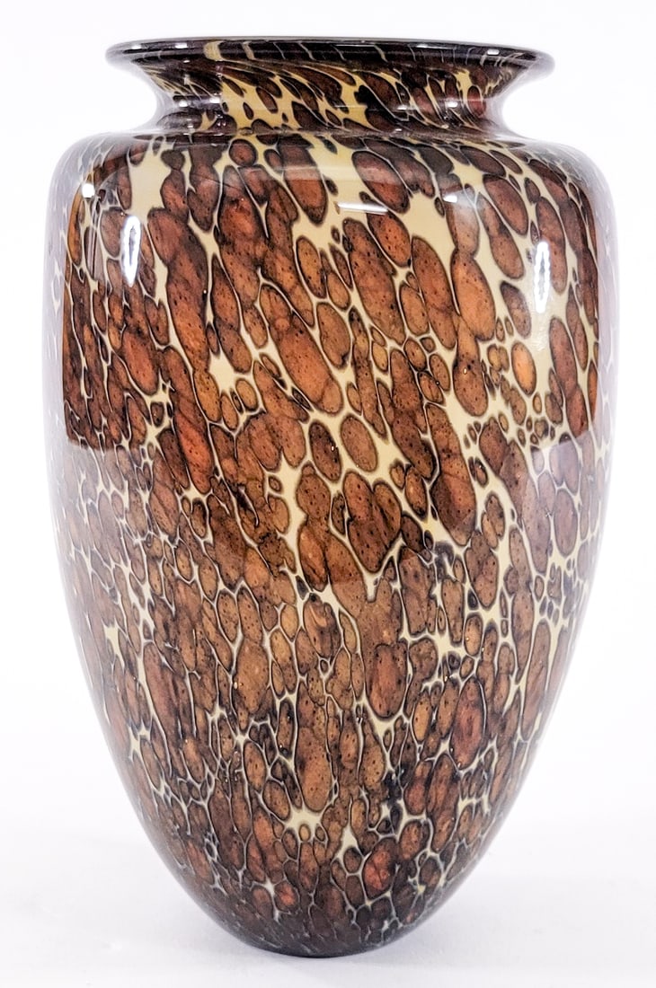 Cohn Stone '98 Art Glass 8.75IN Vase: Signed underside. Measures 8.75 in. tall x 5 in. diameter. No evident cracks, chips or repairs. Lot measures 8.75 in. H x 5 in. W x 5 in. D for shipping purposes only. The absence of a condition