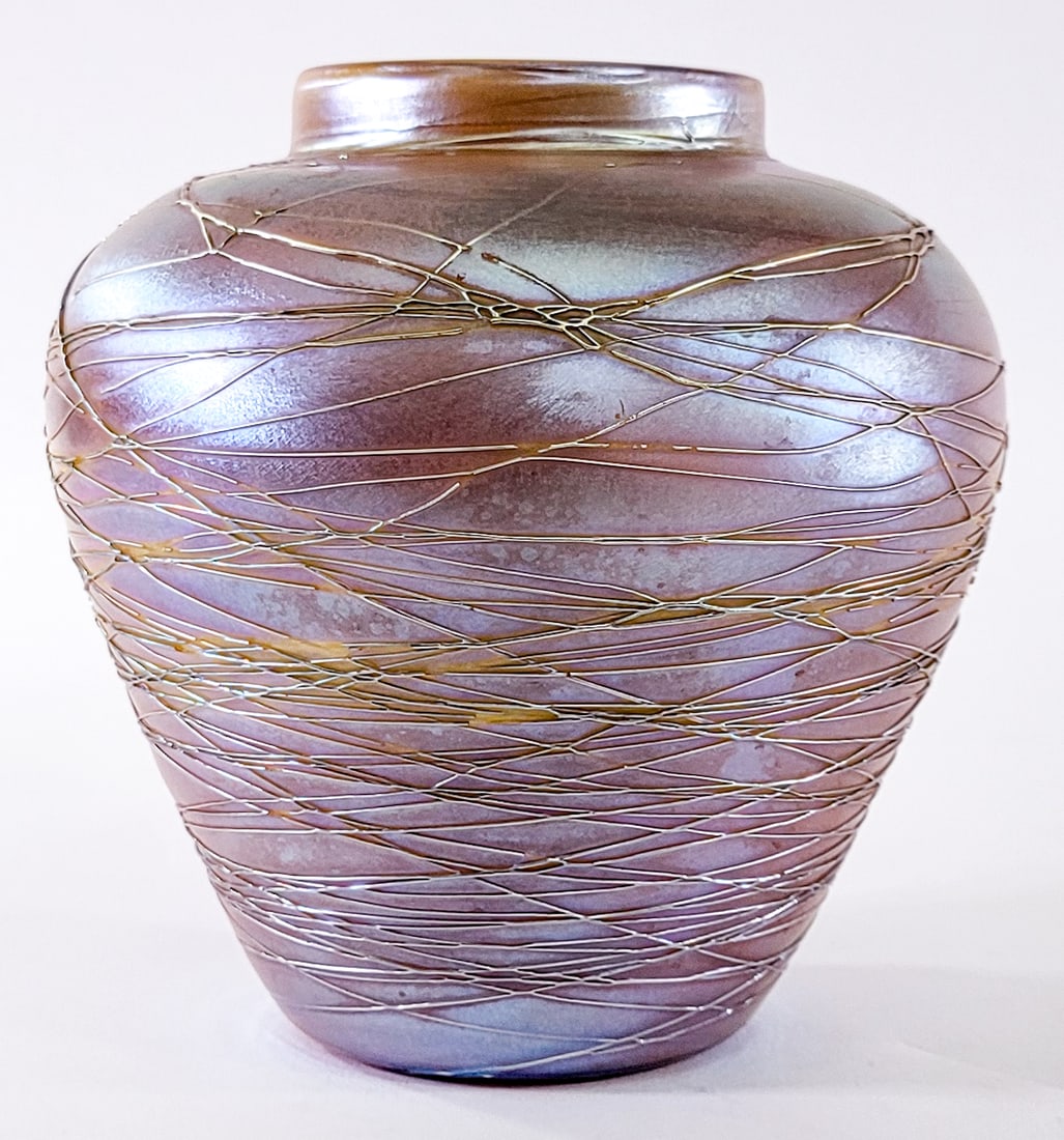 Durand SIGNED Threaded Iridescent 6IN Vase: Signed underside. Measures 6 in. tall x 6 in. diameter. No evident cracks, chips or repairs. Lot measures 6 in. H x 6 in. W x 6 in. D for shipping purposes only. The absence of a condition report
