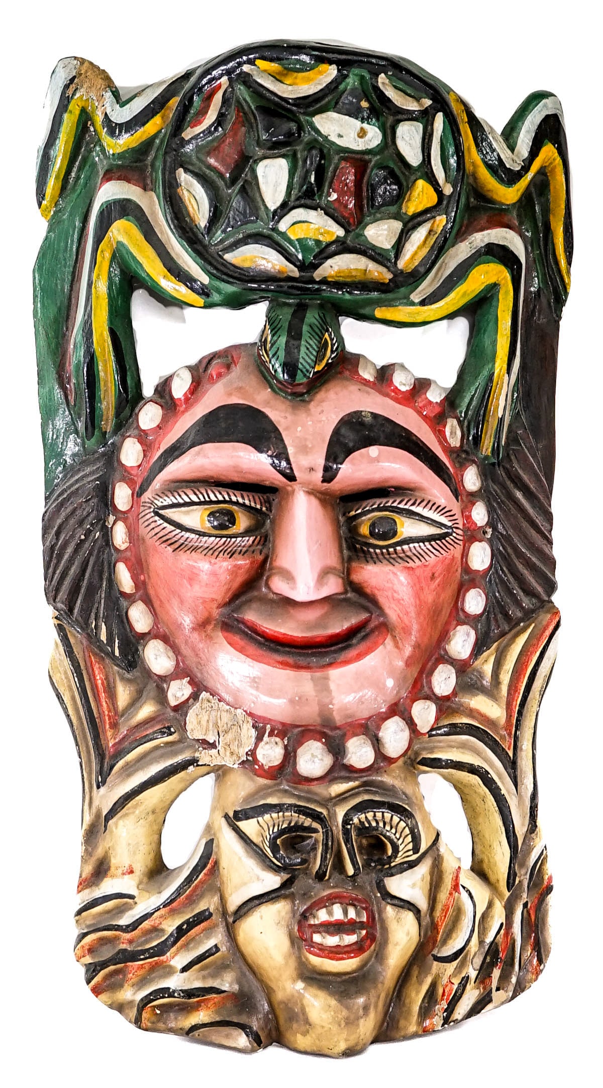 Large 21IN Carved Wood Hand-Painted Mask: Chipped with paint wear. Measures 21 x 11.5 x 4.5 in. Lot measures 21 x 11.5 x 4.5 in. for shipping purposes. The absence of a condition report does not imply that the lot is in perfect condition or c