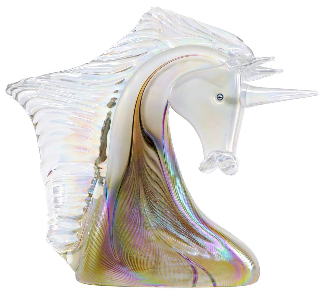 Stuart Abelman SIGNED Iridescent Unicorn: Stuart Abelman signed art glass Unicorn sculpture. Measures 9.25 in. tall x 9.75 in. x 5 in. No evident cracks, chips or repairs. Measures 9.25 x 9.75 x 5 in. for shipping purposes only. The absence o