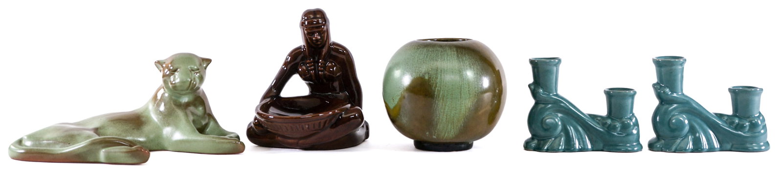Frankoma Pottery (5 Pieces): 1. Native American Bowl Maker No. 123 measuring 6.5 x 5.375 x 5.75 inches. No damage or repairs. 2. Frankoma Double Candleholders No. 304 each 4 x 5 x 2 inches. No damage or repairs. 3. Frankoma Ball