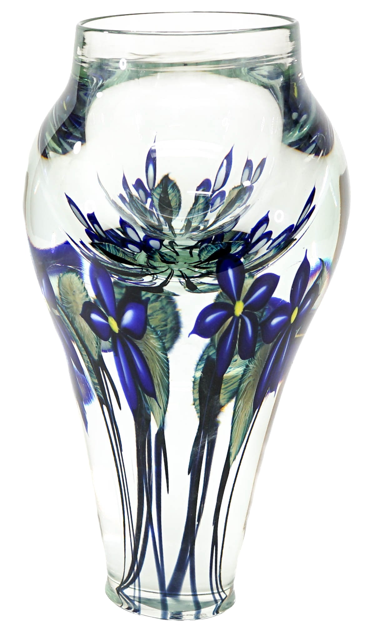 Lotton Art Glass 12IN Cylinder Vase Clematis: Lotton art glass cylinder vase (no lip) with 'Clematis' flower design signed and dated 1998 underside. Measures 12 in. high x 6 in. x 6 in. wide. No evident cracks, chips or repairs. The absence of a