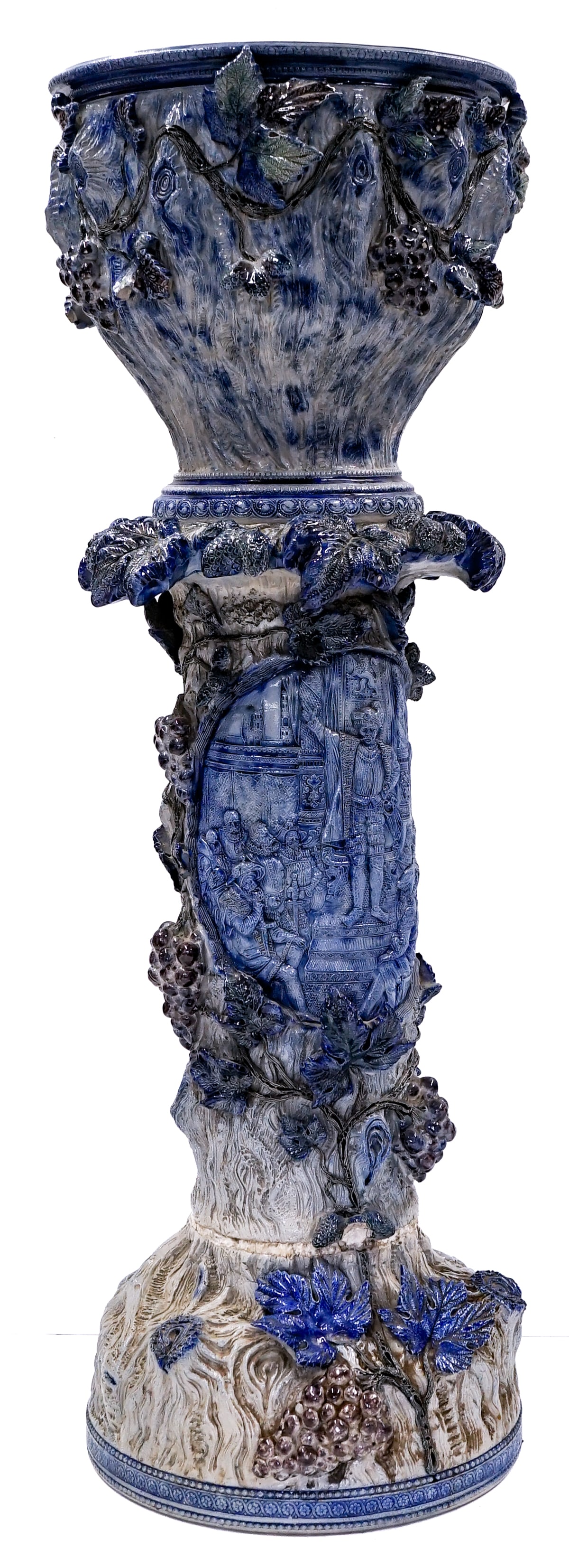 Antique Blue Majolica Pedestal & Jardiniere: Measures 52 x 29 x 9 inches. There are scattered chips, cracks and possible repairs. An estate item being sold as-is. This item requires the buyer to pick up or to send a representative of the buyer f