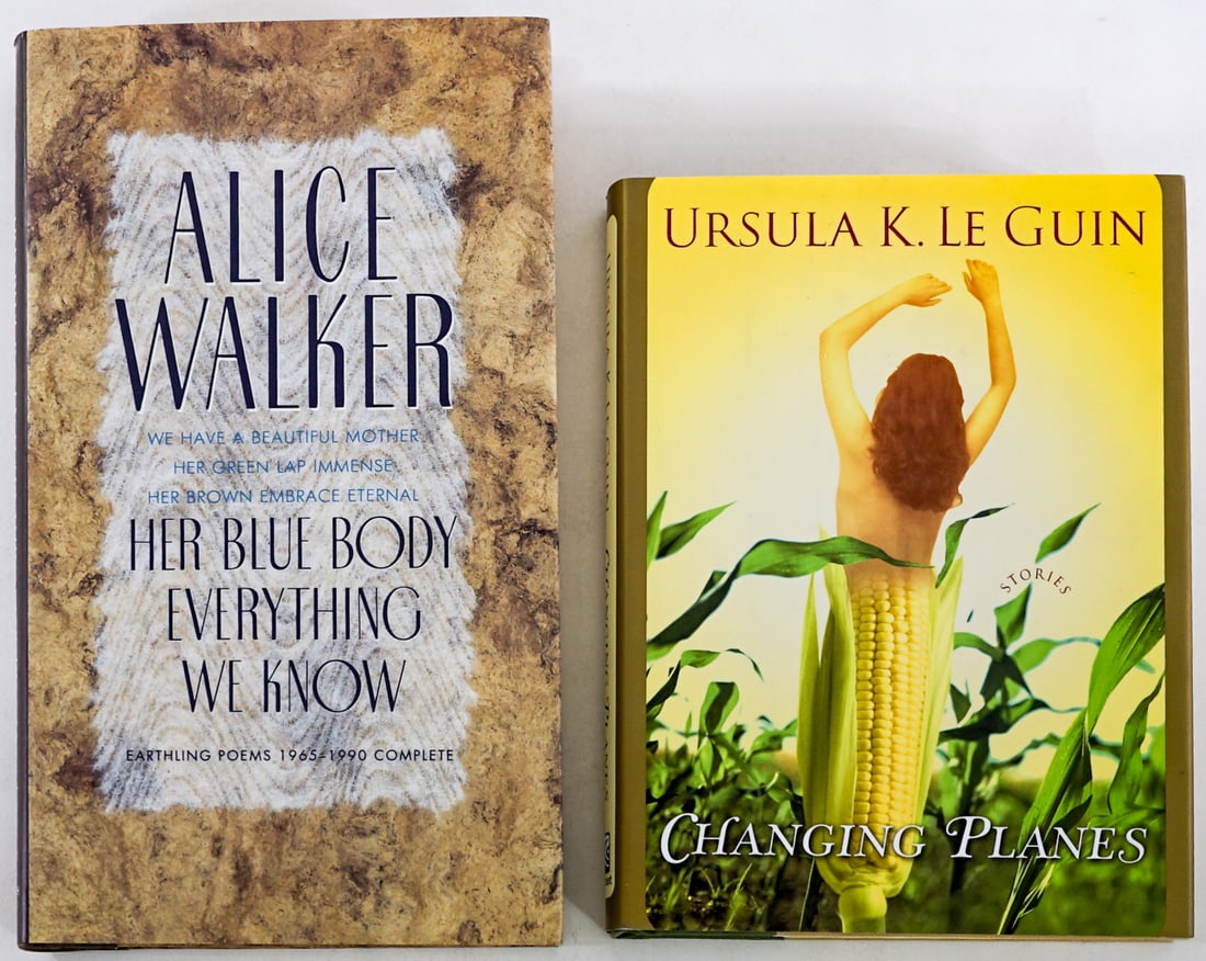 Author SIGNED (2) Books [Alice Walker; Le Guin]: 1) Her Blue Body Everything We Know by Alice Walker signed on half title page. HBJ 1991 1st with unclipped dust jacket. 2) Changing Planes by Ursula K. Le Guin signed on title page. Harcourt 2003 1st