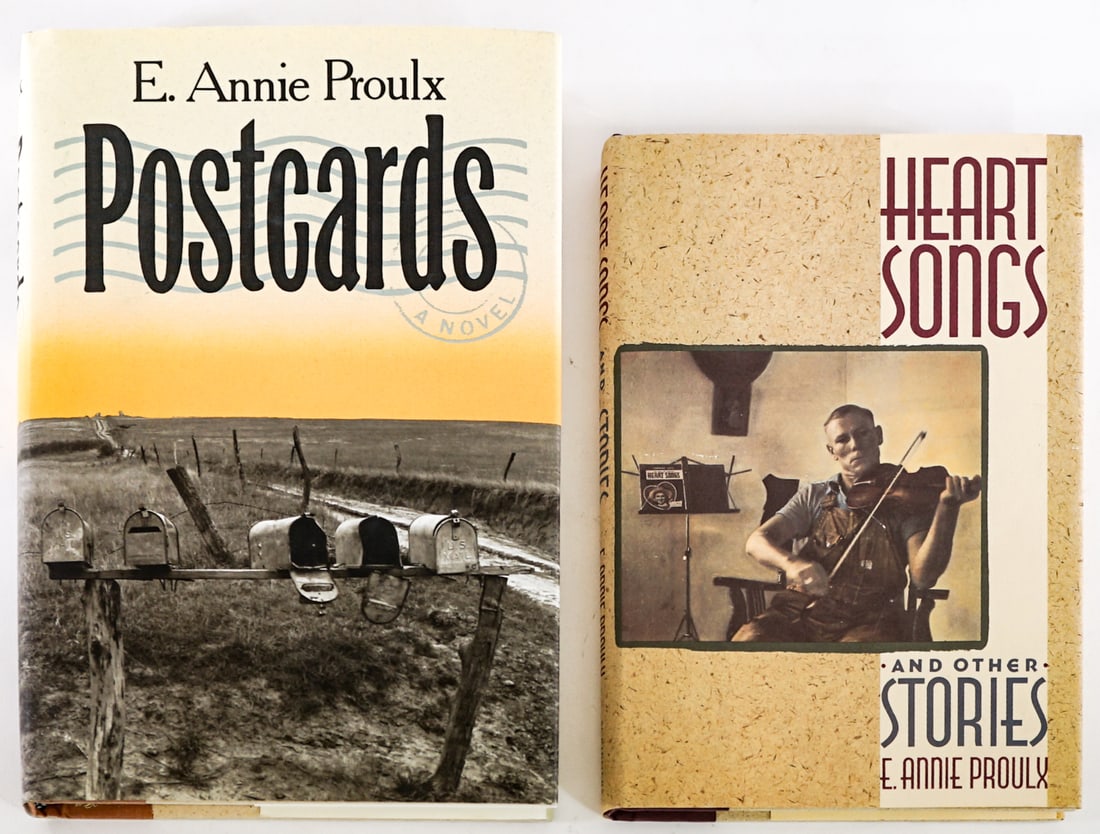 E. Annie Proulx (2) SIGNED 1ST US: Two (2) novels published by Charles Scribner's include: Postcards 1992 with unclipped dust jacket; Heart Songs and Other Stories 1988 with unclipped dust jacket. Lot measures 9.5 in. H x 6.5 in. W x 2