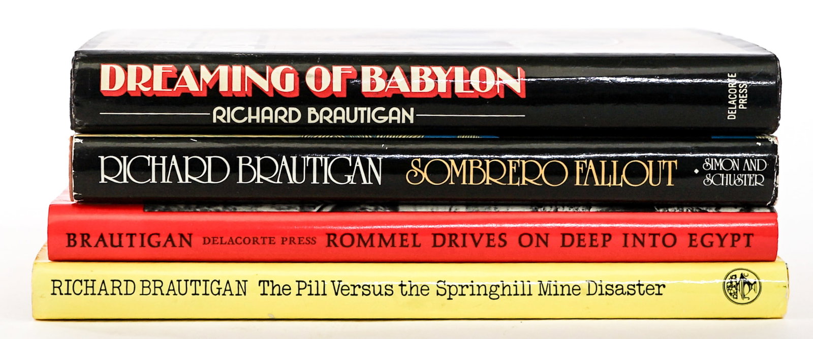Richard Brautigan (4) Books: Include: Dreaming of Babylon 1977 1st; Rommel Drives on Deep Into Egypt 1970 1st; The Pill Versus the Springhill Mine Disaster 1970 1st; Sombrero Fallout 1976 1st. Lot measures 9 in. H x 5.75 in. W x 