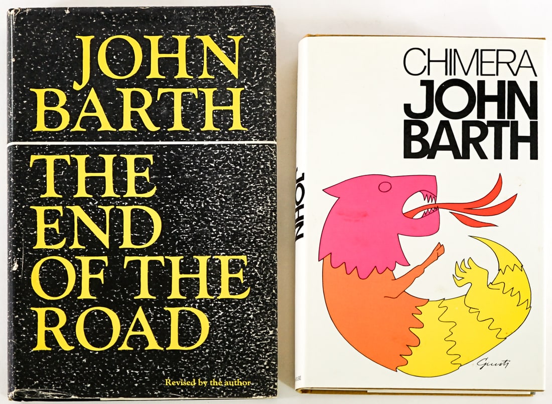 John Barth (2) SIGNED Novels: Both signed on title pages. 1) REVIEW COPY Chimera Random House 1972 1st with unclipped dust jacket. 2) The End of the Road 1967 Doubleday Revised with clipped dust jacket. Lot measures 9.5 in. H x 6.