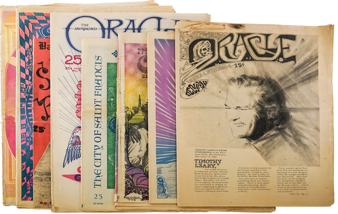 1967 Oracle (7Vol) Magazines [San Francisco]: Seven (7) volumes of San Francisco Oracle magazines includes: Volume 1, numbers 3, 4, 7, 8, 9, 10, 11. Lot measures 20 in. H x 16 in. W x 1 in. D for shipping purposes only. The absence of a condition