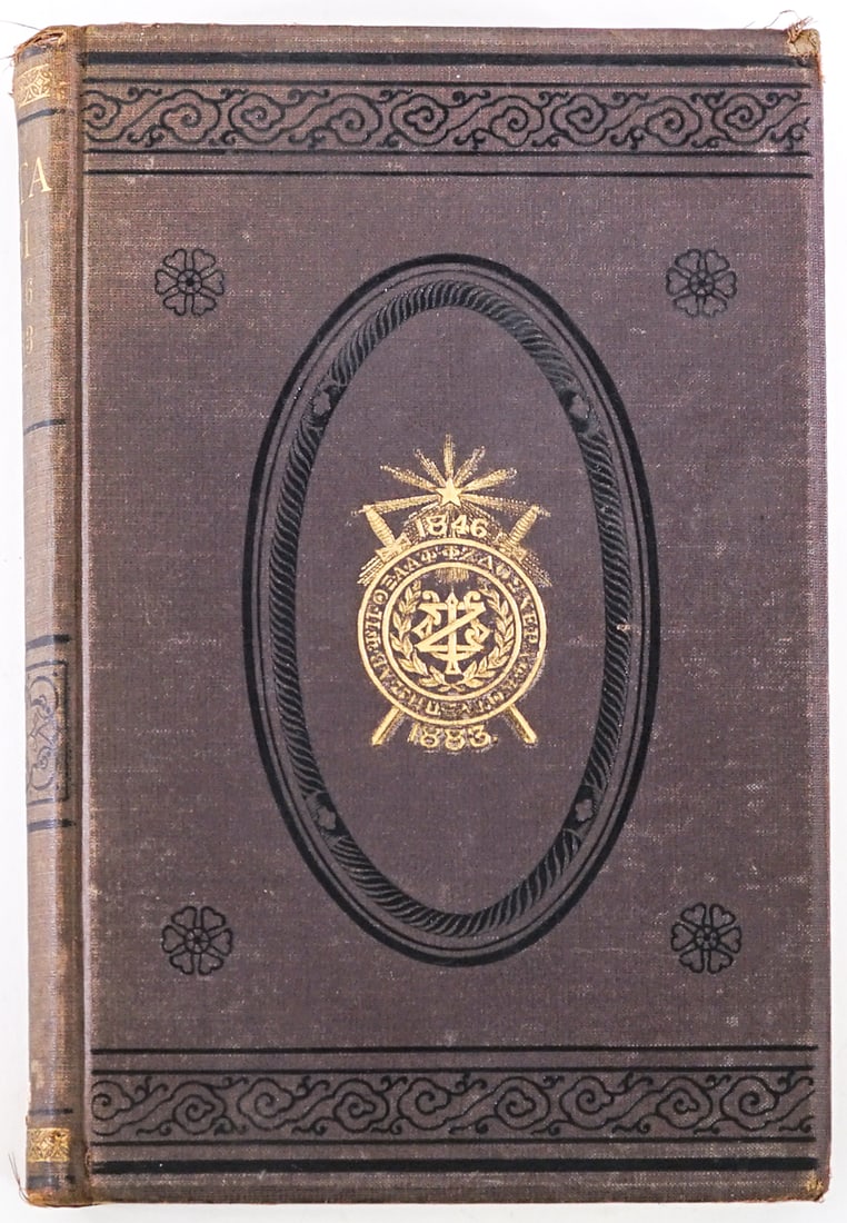 1883 Zeta Psi Fraternity Catalogue: 1883 Zeta Psi Fraternity Catalogue. 218 pp. Cloth covers with gilt design. Cracked hinges, some pages separated from binding. No added photos. Lot measures 10.5 in. H x 7 in. W x 1 in. D for shipping 