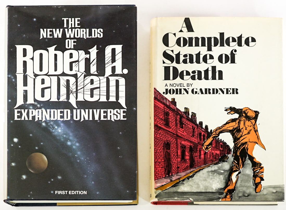 Sci-Fi (2) 1st Edition Novels: 1) A Complete State of Death by John Gardner. Viking 1969 1st with clipped dust jacket. 2) The New Worlds of Robert A. Heinlein Expanded Universe, Grosset and Dunlap 1st edition 1980 with unclipped du