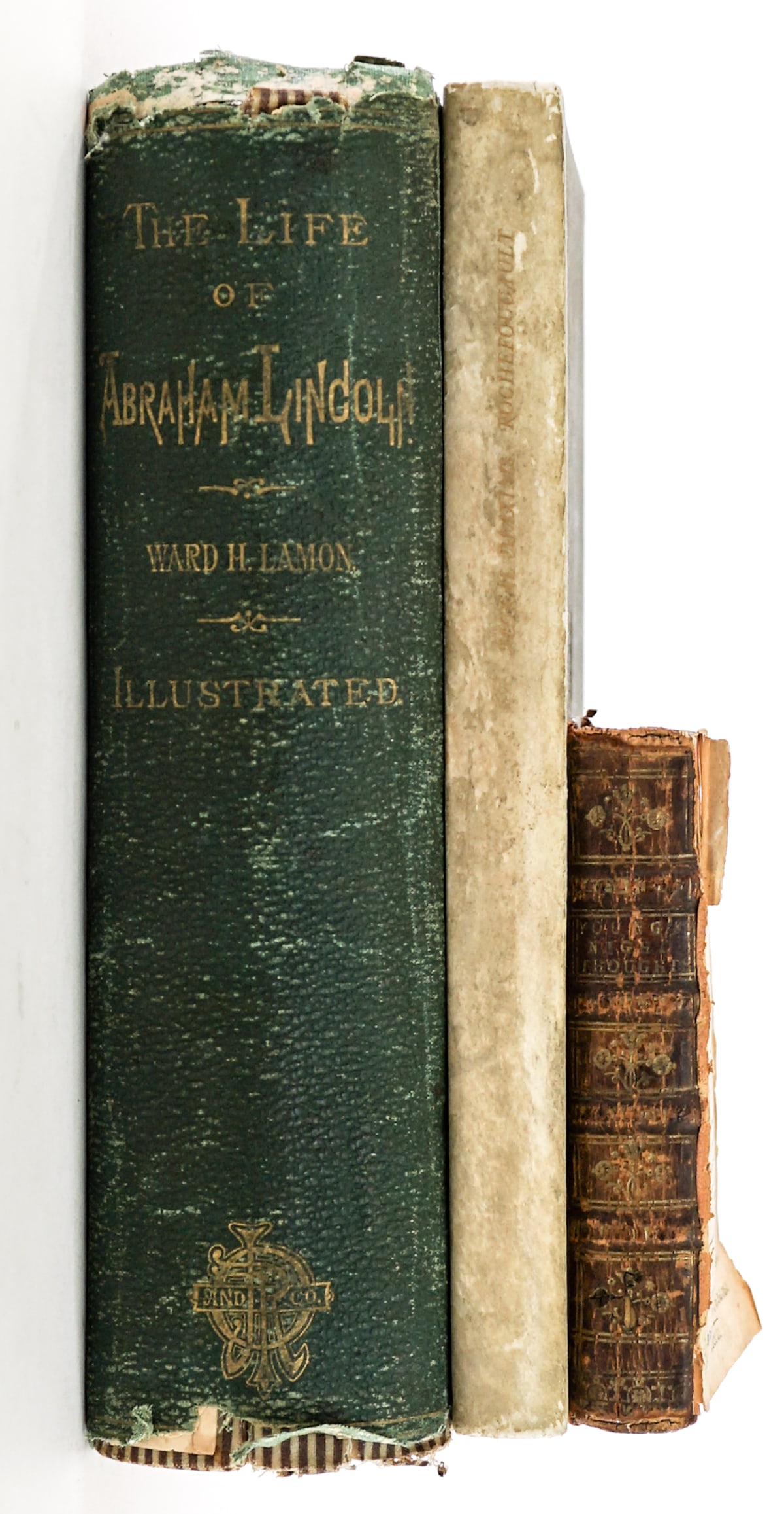 Antique (3) Books [Mixed Condition]: Three (3) antique books. 1) The Complaint : or Night Thoughts 1751 London. Lacking front cover and frontis engraving. 2) Moral Maxims 1924 The Golden Cockerel Press. 3) The Life of Abraham Lincoln by 