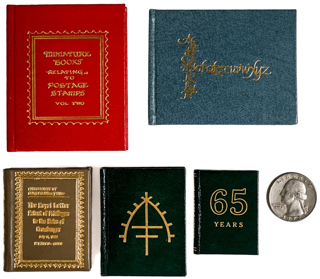 Miniature (5) Books [Assorted Topic]: Includes: Alphabet Sentences; Postage Stamps 1983; My South Sea Island 1936; The Royal Letter 1964; 65 Years 1970. Lot measures 5.5 in. H x 4 in. W x 1.5 in. D for shipping purposes only. The absence 