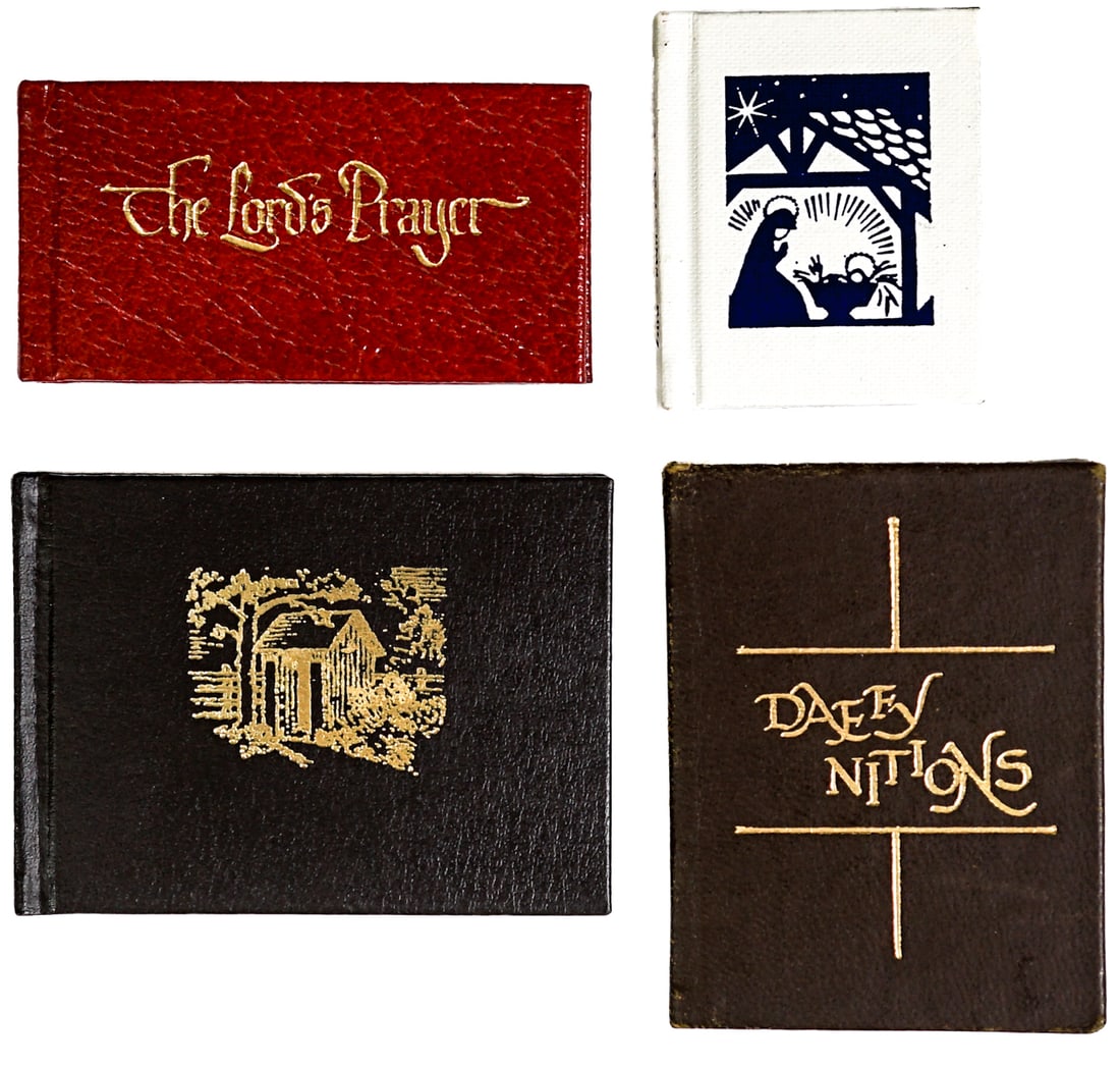 Miniature (4) Books: 1) The Passing of the Backhouse 1980. 2) The Lord's Prayer 1981 Ward Schori. 3) Daffy Nitions Black Cat Press limited to 249 copies. 4) Christmas Poems The Press of Ward 1982. Lot measures 3.5 in. H x